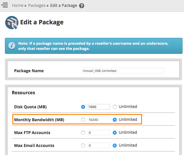 e-Padi WHM > Packages > Edit a Package
