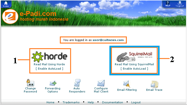 Pilihan interface email Horde atau SquirrelMail