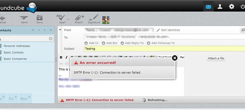 Webmail roundcube mail client SMTP Error (-1): Connection to server failed.