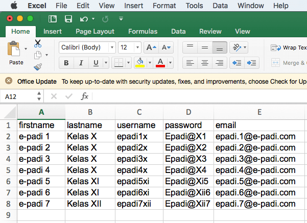 Membuat Users Moodle Excel .CSV